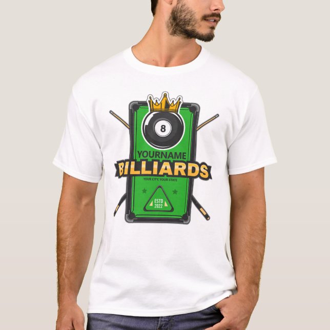 T-shirt Pool Hall personnalisé NOM 8 Ball Crown Billiards (Devant)