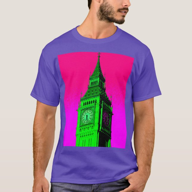 T-shirt Pop Art Big Ben Londres Voyage rose Vert (Devant)