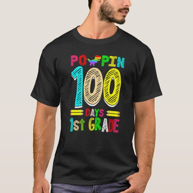 T-shirt Poppin 100 Days 1st Grade Dinosaur Primary School  (Devant)