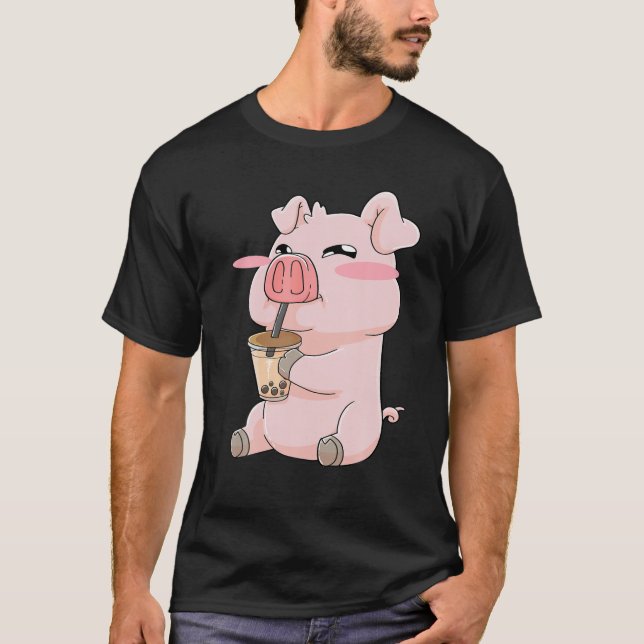 T-shirt Porcs Cochon Boba Bubble Tea Anime Kawaii Cute Cad (Devant)