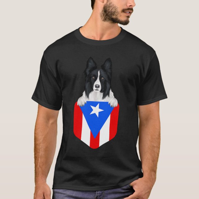 T-shirt Porto Rico Drapeau Bordure Collie Chien Dans Pocke (Devant)