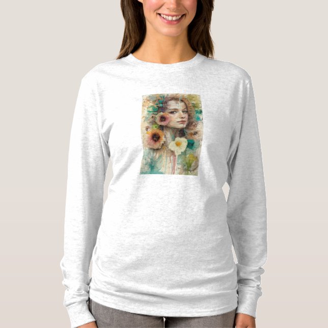 T-shirt Portrait Abstrait de femme de fleurs (Devant)