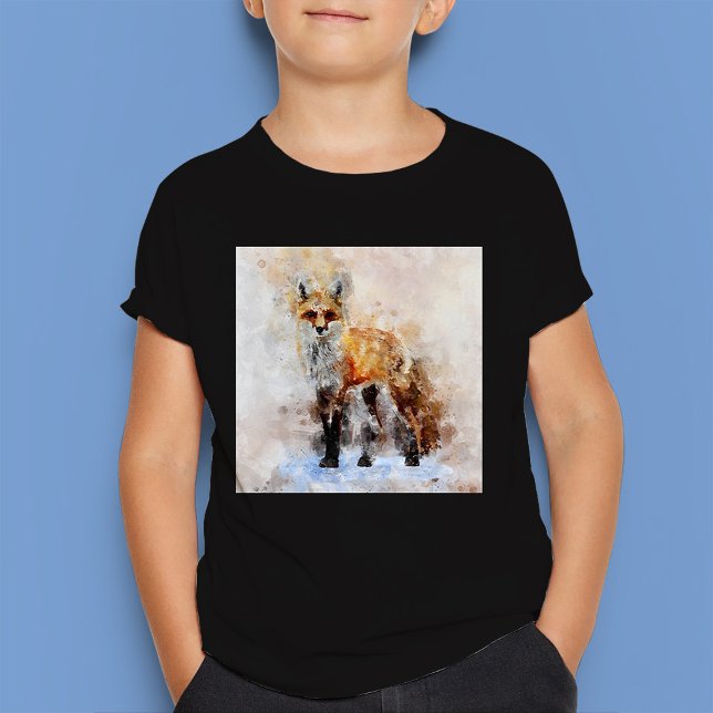 T-shirt Portrait aquarellé du renard roux 02 (Red Fox Watercolor Portrait 02. Boy Basic Black T-Shirt)