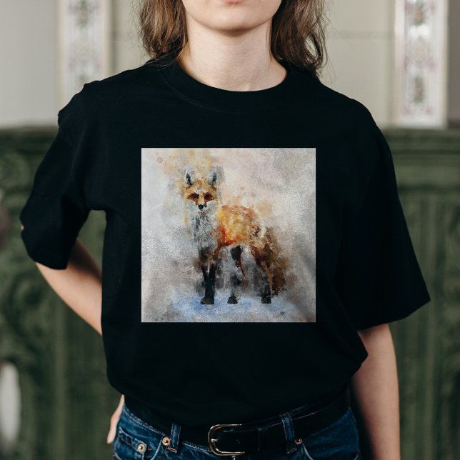 T-shirt Portrait aquarellé du renard roux 02 (Red Fox Watercolor Portrait 02. Women Basic Black T-Shirt)