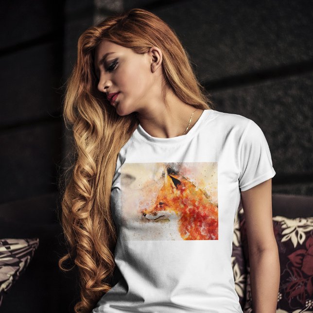T-shirt Portrait aquarellé du renard roux 03 (Red Fox Watercolor Portrait 03. Women Basic White T-Shirt)