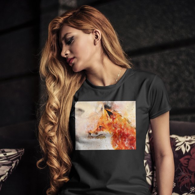 T-shirt Portrait aquarellé du renard roux 03 (Red Fox Watercolor Portrait 03. Women Basic Black T-Shirt)
