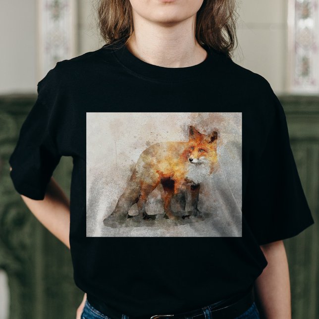 T-shirt Portrait aquarellé du renard roux 04 (Red Fox Watercolor Portrait 04. Women Basic Black T-Shirt)