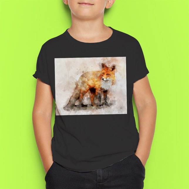 T-shirt Portrait d'aquarelle Red Fox 04 (Red Fox Watercolor Portrait 04. Boy Basic Black T-Shirt)