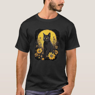 T-shirt portrait de chat noir jaune avec des fleurs sauvag