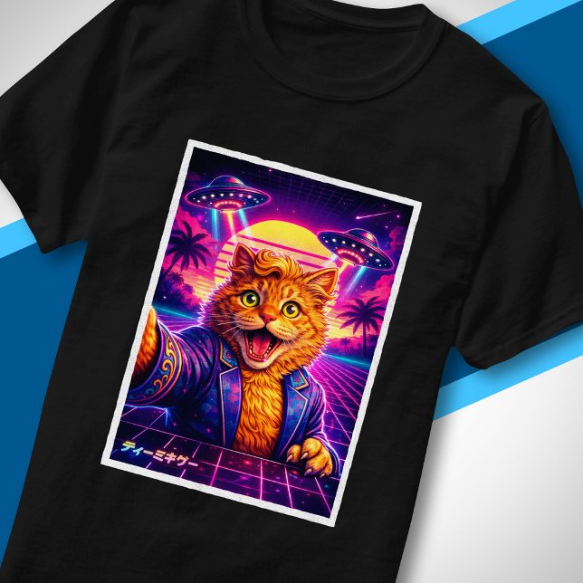 T-shirt Portrait de chat synthwave UFO Futuriste Rétro 80s (Créateur téléchargé)