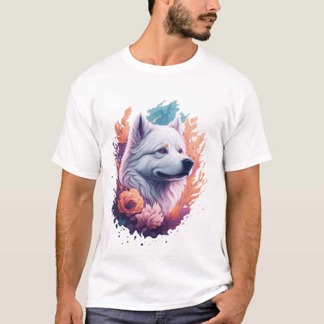 T-shirt Portrait de chien - Samoyed Fleurs Éclaboussures  (Devant)