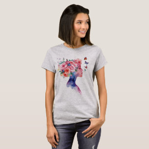 T-shirt Portrait de femme florale à l'aquarelle avec des r