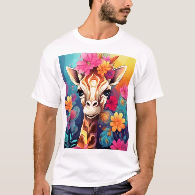 T-shirt Portrait de Giraffe Florale-9320 (Devant)