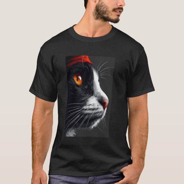 T-shirt Portrait de profil de chat, Chat noir et blanc ave (Devant)