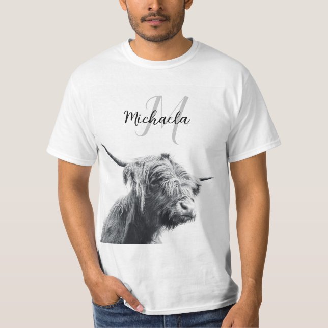 T-shirt Portrait de vache Highland premier monogramme noir (Devant)