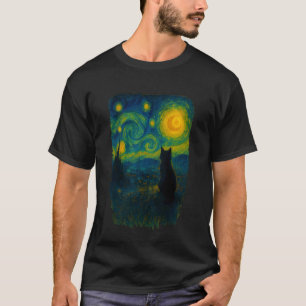 T-shirt Portrait d'un chat avec le ciel nocturne en vedett