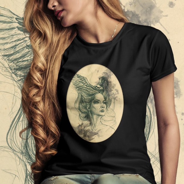 T-shirt Portrait Femme Crâne d'oiseau et ailes Art Surreal (Créateur téléchargé)
