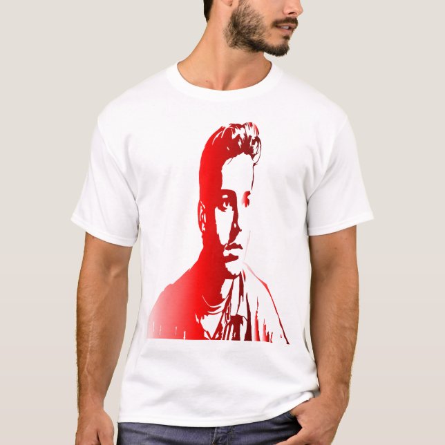 T-shirt portrait rouge et blanc d'un homme avec un e conce (Devant)