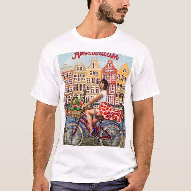 T-shirt Poster d'Amsterdam : Pin-Up Girl Cycling. (Devant)
