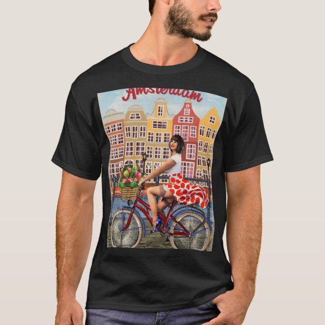 T-shirt Poster d'Amsterdam : Pin-Up Girl Cycling. (Devant)