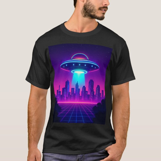 T-shirt Poster d'UFO Cityscape Retro - Alien de Neon Synth (Devant)