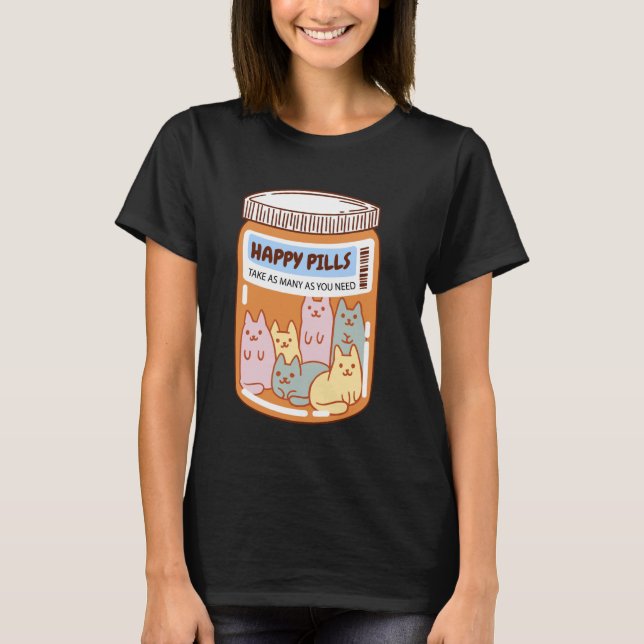 T-shirt Pot de pilules heureuses rempli de chats mignons (Devant)