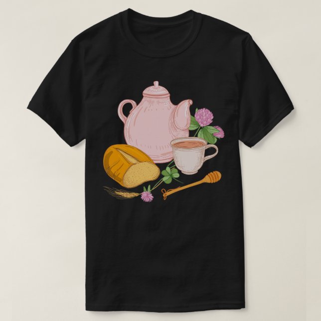 T-shirt Pot de Thé de Miel Coupe de Pain et Fleurs (Design devant)
