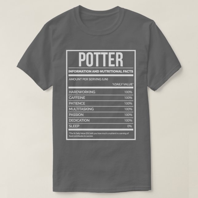 T-shirt Potter Funny Potterie Étiquette de nutrition (Design devant)