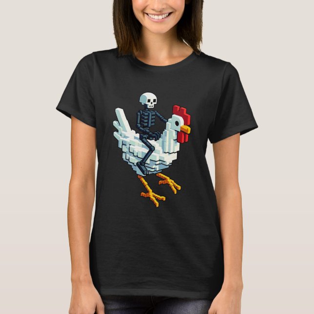 T-shirt Poulet à cheval sur un squelette de style pixel ar (Devant)