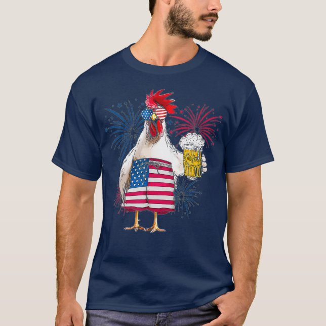 T-shirt Poulet Cheer Bière Drapeau Américain Feu d'artific (Devant)