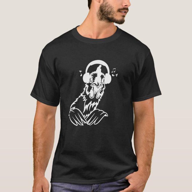 T-shirt poulet drôle portant des écouteurs (Devant)