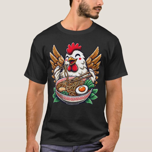 T-shirt Poulet Kawaii mangeant des nouilles Ramen (Devant)