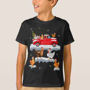 T-shirt Poulets Conduisant Arbre de Noël Camion Rouge Poul