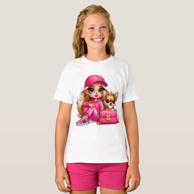 T-shirt Poupée rose à la mode et couverture en fausse four (Devant entier)