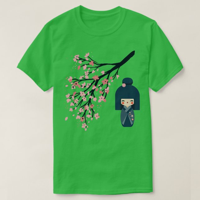 T-shirt Poupée Usaburo Kokeshi et sakura cerise Bl japonai (Design devant)
