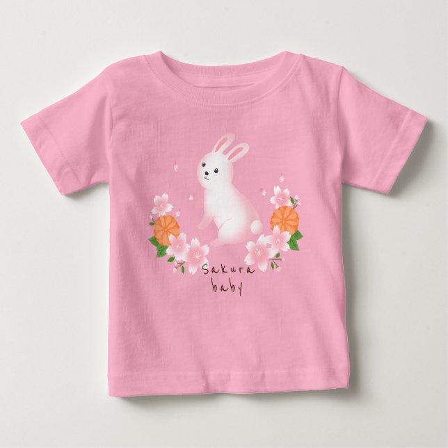 T-shirt Pour Bébé 可愛い桜と白うさぎ ピンク 日本 和風 cherry blossoms (Devant)