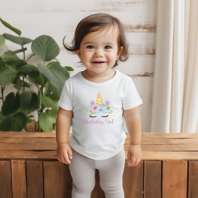 T-shirt Pour Bébé 1er Anniversaire Aquarelle Floral Licorne Magique (Créateur téléchargé)