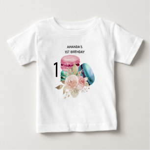 T-shirt Pour Bébé 1er anniversaire avec Macarons et Fleurs Aquarelle