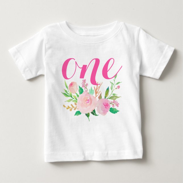 T-shirt Pour Bébé 1er anniversaire Baby Girl Aquarelle Floral (Devant)