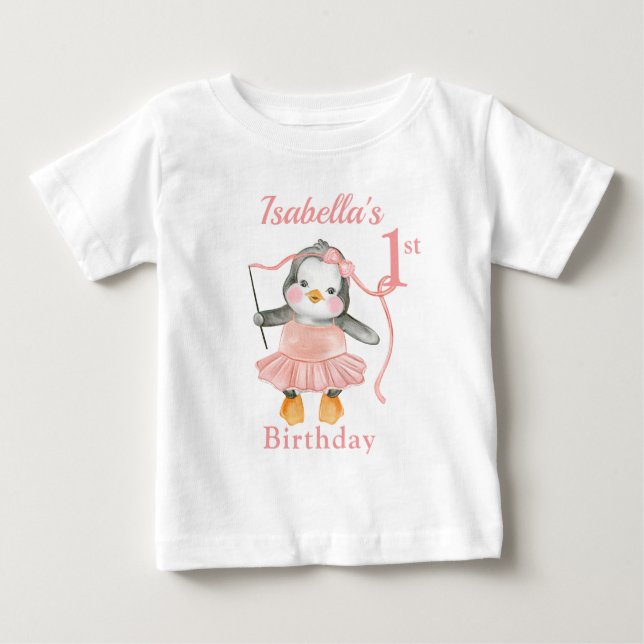 T-shirt Pour Bébé 1er anniversaire Ballerina Penguin rose (Devant)
