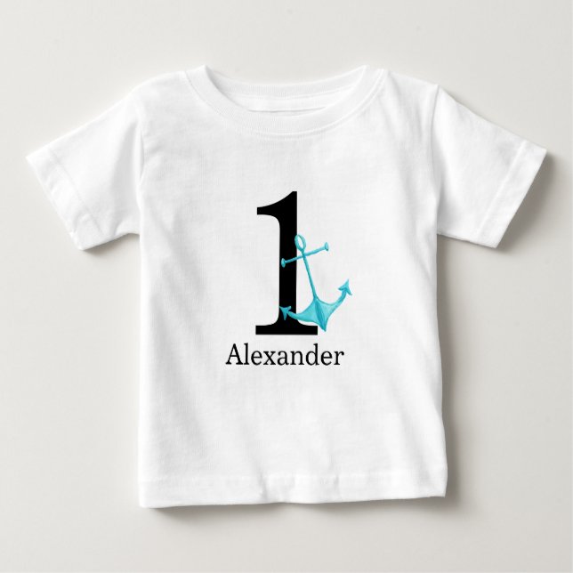 T-shirt Pour Bébé 1er anniversaire bébé garçon Ancre nautique Nom pe (Devant)