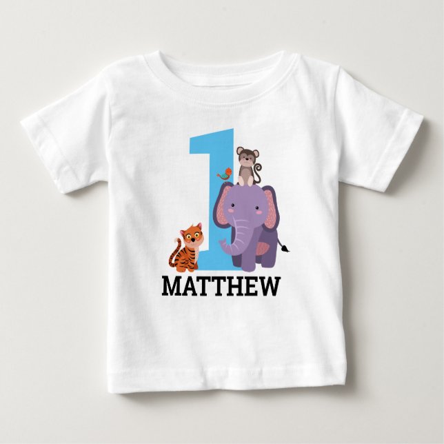 T-shirt Pour Bébé 1er anniversaire Blue Jungle Animaux Garçon (Devant)