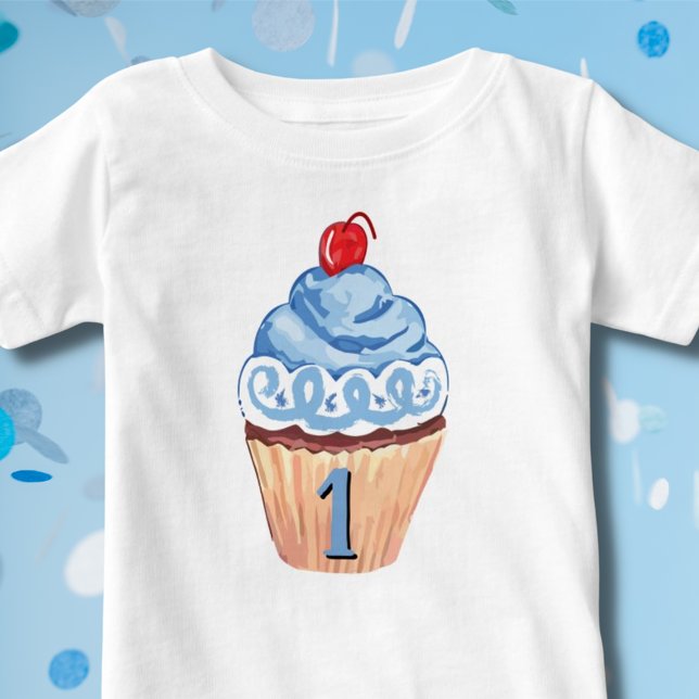 T-shirt Pour Bébé 1er anniversaire Boy Blue Cupcake (Créateur téléchargé)