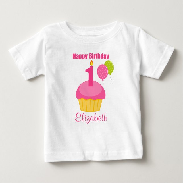 T-shirt Pour Bébé 1er anniversaire Chemise rose Cupcake (Devant)