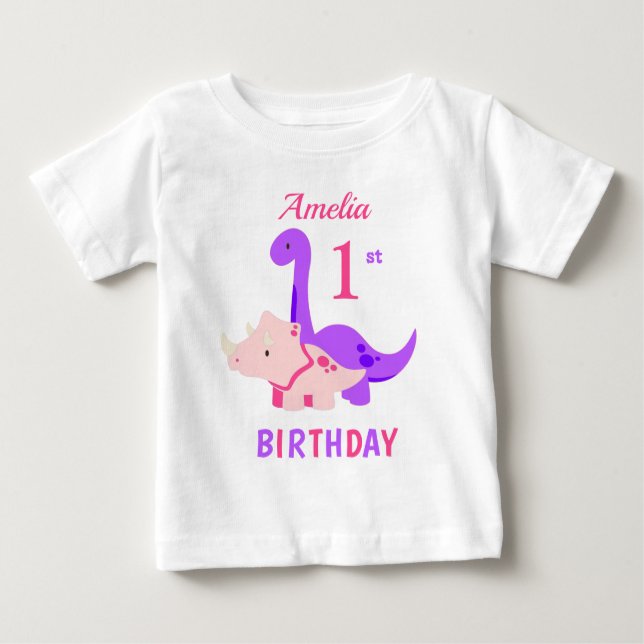 T-shirt Pour Bébé 1er Anniversaire Dinosaures T-shirt bébé rose (Devant)