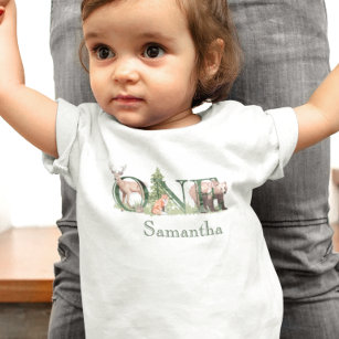 T-shirt Pour Bébé 1er Anniversaire Forêt Animaux Nom