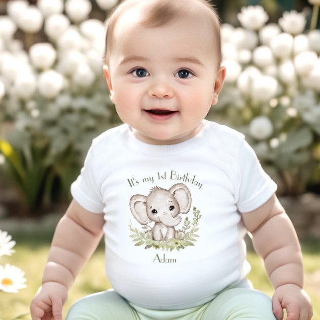 T-shirt Pour Bébé 1er Anniversaire Garçon Elephant Vert Nom (1st Birthday Boy Elephant Green Name Baby T-Shirt)