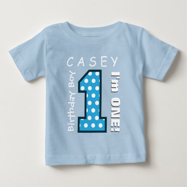 T-shirt Pour Bébé 1er anniversaire garçon un an Pois bleus V01G (Devant)