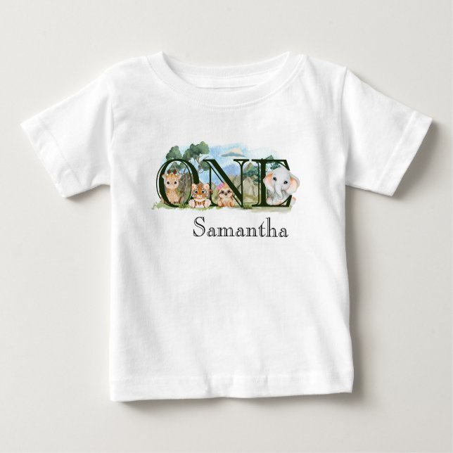 T-shirt Pour Bébé 1er Anniversaire Jungle Safari Animaux (Devant)