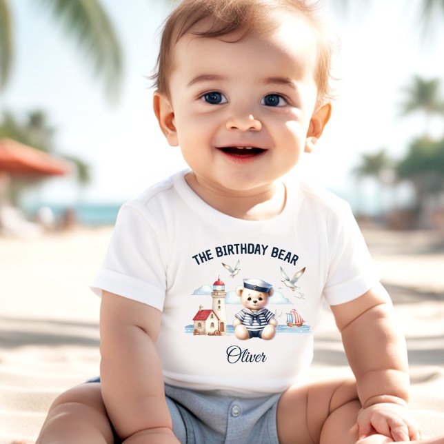 T-shirt Pour Bébé 1er Anniversaire Marine Cute Bear Nom du garçon (1st Birthday Nautical Sailor Cute Bear Boy Baby T-Shirt)